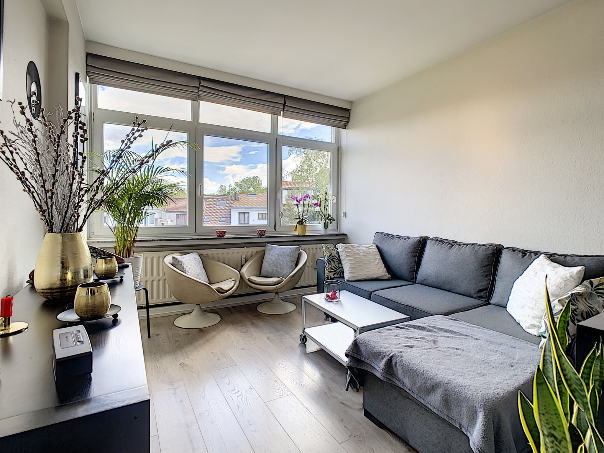 Salon lumineux avec canapé gris, fauteuils modernes, plantes intérieures et décor minimaliste.