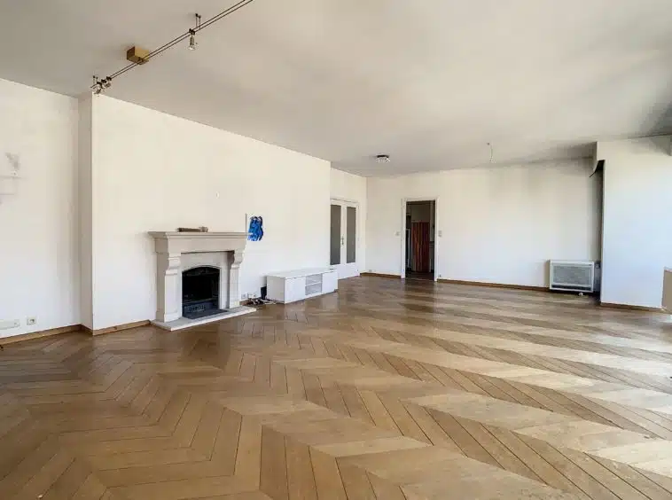 Grand living avec parquet et cheminée à rénover