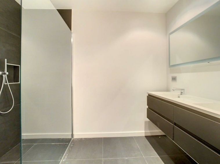 Salle de bain moderne minimaliste avec douche en verre, meuble en bois foncé, grand miroir et sol sombre.