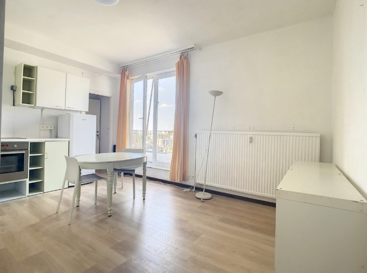 Appartement lumineux au style minimaliste avec cuisine blanche, espace repas épuré et décoration moderne.