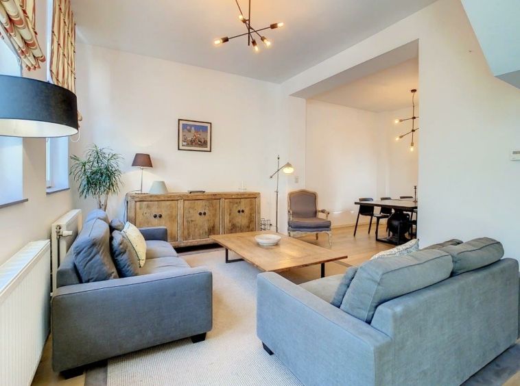 Salon moderne et cosy avec canapé, meuble en bois, plante verte, espace repas lumineux.