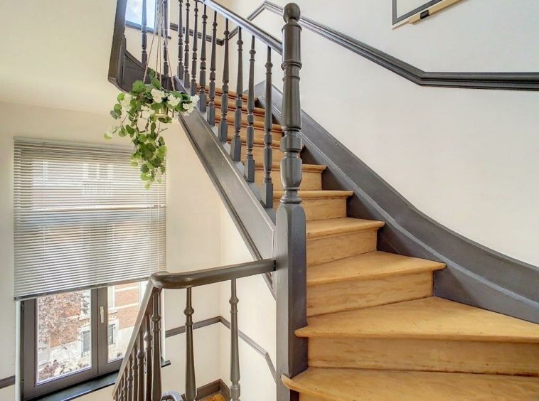 Escalier en bois lumineux avec rampe noire et plante verte dans intérieur moderne et accueillant.