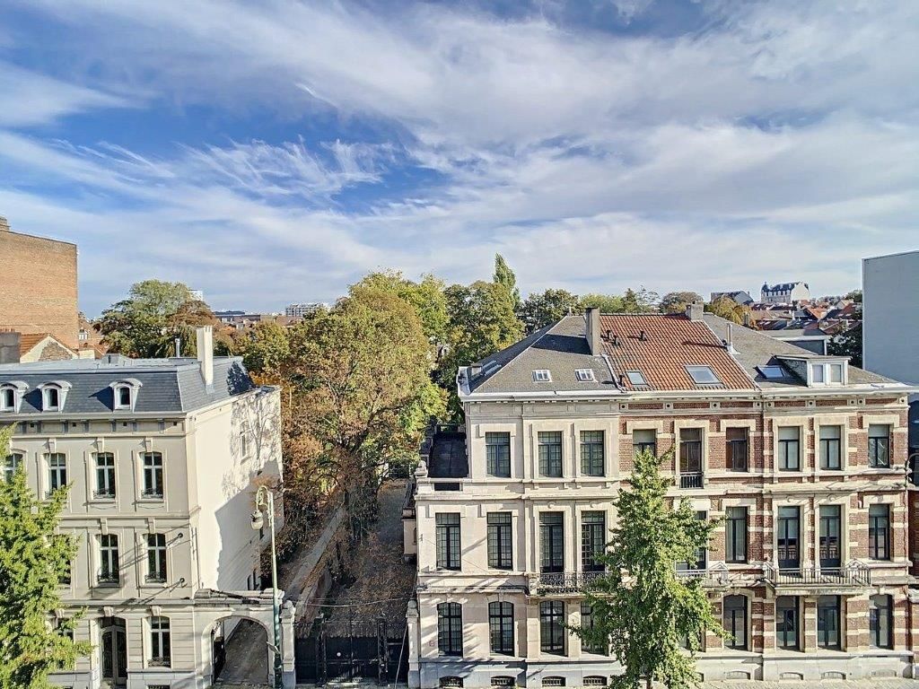 Vue urbaine avec bâtiments historiques, parc verdoyant, ciel bleu, harmonie entre nature et architecture.