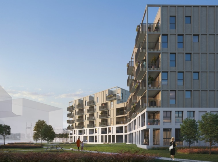 Complexe résidentiel moderne avec jardins, balcons spacieux et design épuré.