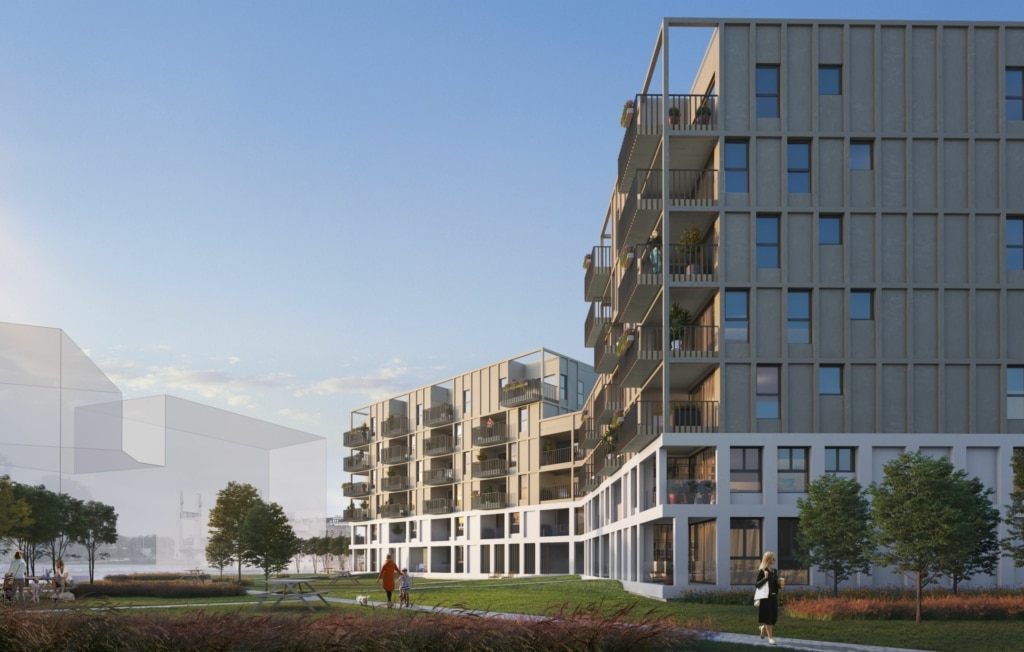 Complexe résidentiel moderne avec jardins, balcons spacieux et design épuré.