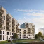 Complexe résidentiel contemporain avec jardins, fenêtres panoramiques et espaces de détente.