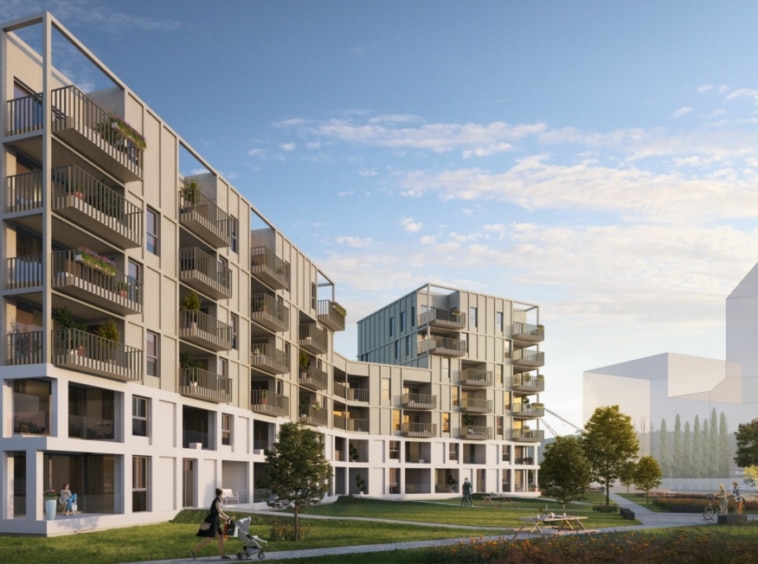 Complexe résidentiel contemporain avec jardins, fenêtres panoramiques et espaces de détente.