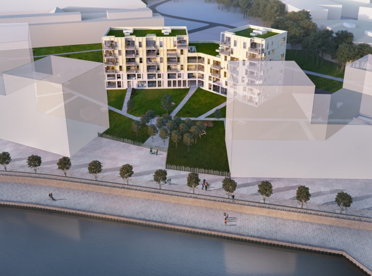 Complexe résidentiel moderne avec espaces verts, promenade et design durable au bord de la rivière.
