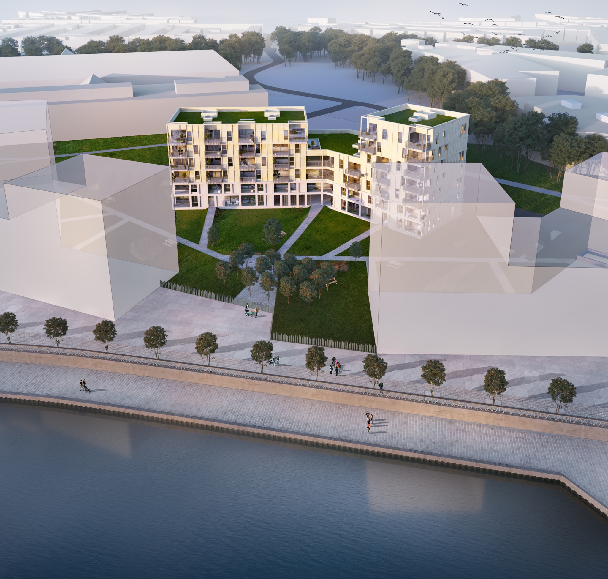 Complexe résidentiel moderne avec espaces verts, promenade et design durable au bord de la rivière.