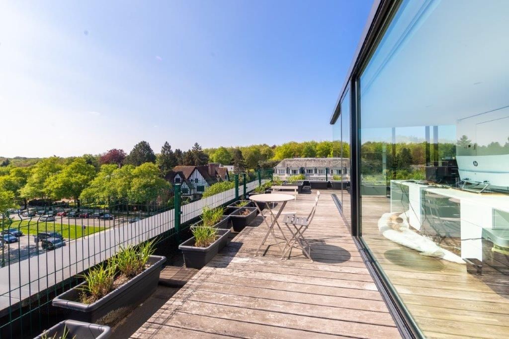 Terrasse moderne ensoleillée avec vue sur nature, plantes, mobilier design et ambiance sereine à Bruxelles.