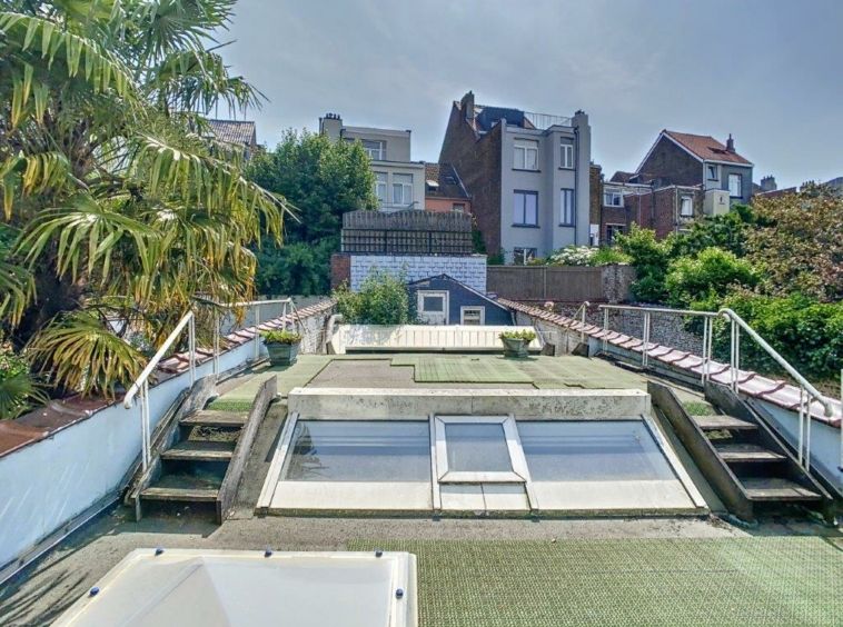 Terrasse urbaine verdoyante avec vue, plantes, palmier et espace détente en plein centre-ville.