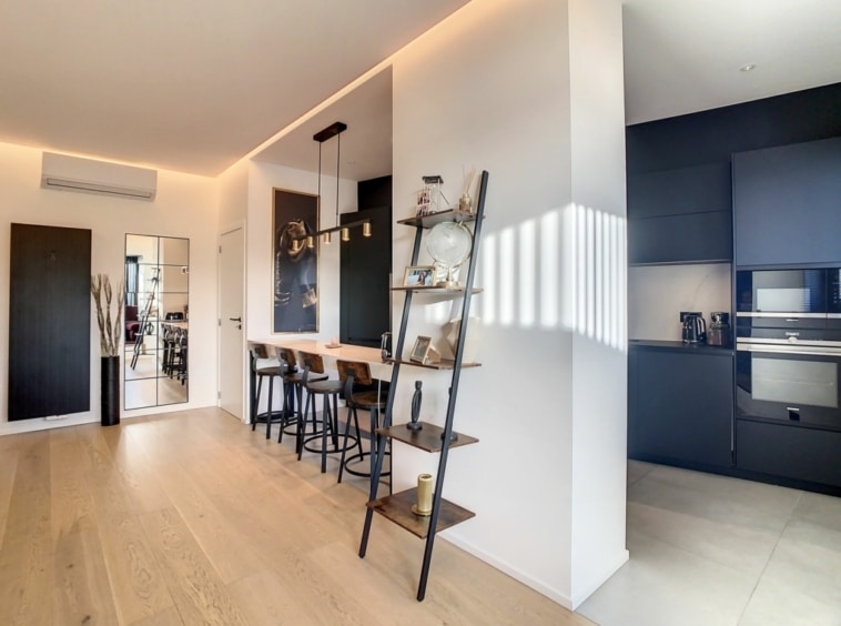 Salon moderne lumineux avec mobilier contemporain, cuisine élégante et ambiance chaleureuse.