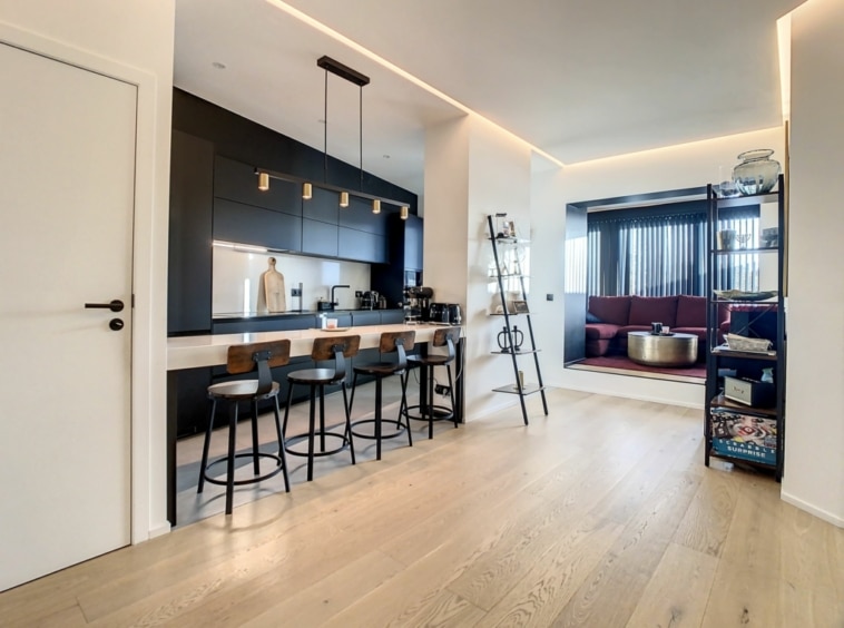 Espace moderne avec cuisine noire, bar, salon cosy et décoration élégante.