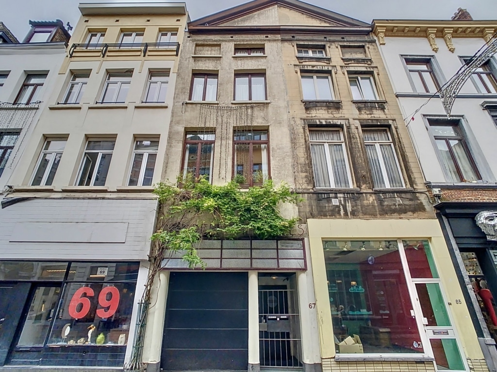 Ruelle urbaine mixant façades anciennes envahies par la nature et bâtiments modernes colorés.