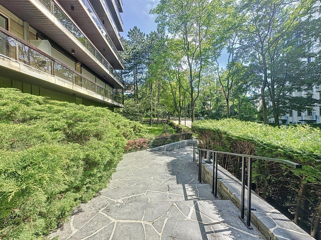Sentier de pierre entouré de verdure menant à un bâtiment moderne en harmonie avec la nature.
