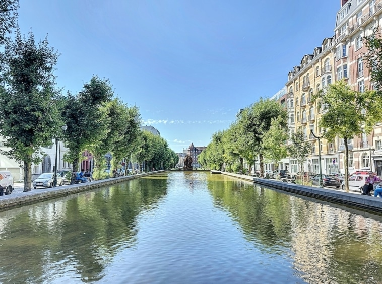 Canal urbain paisible avec architecture historique, verdure et promenade au bord de leau.