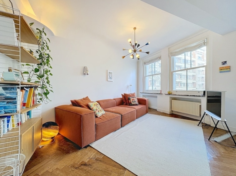 Salon moderne avec canapé orange, luminosité naturelle, déco minimaliste et touches végétales.