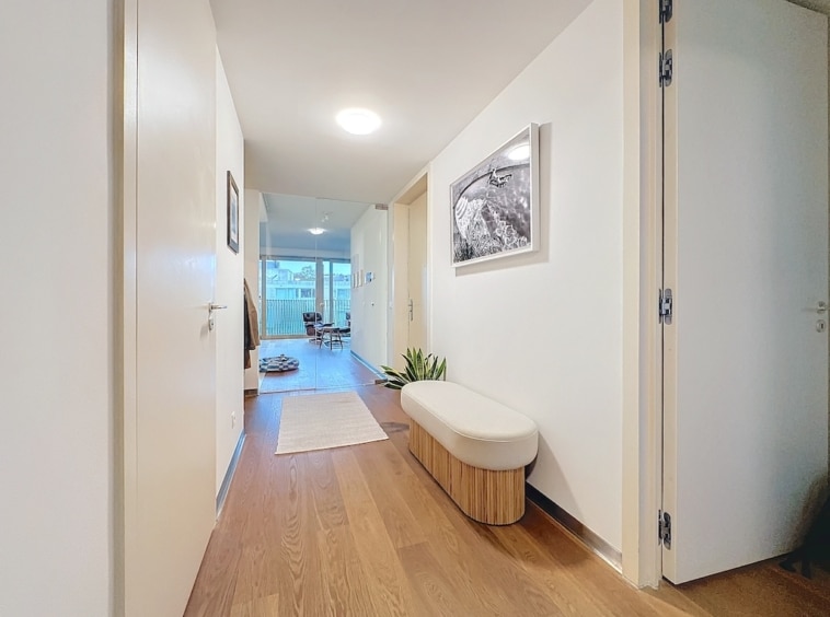 Couloir lumineux et minimaliste avec parquet clair, décoration moderne et vue ouverte sur le salon.