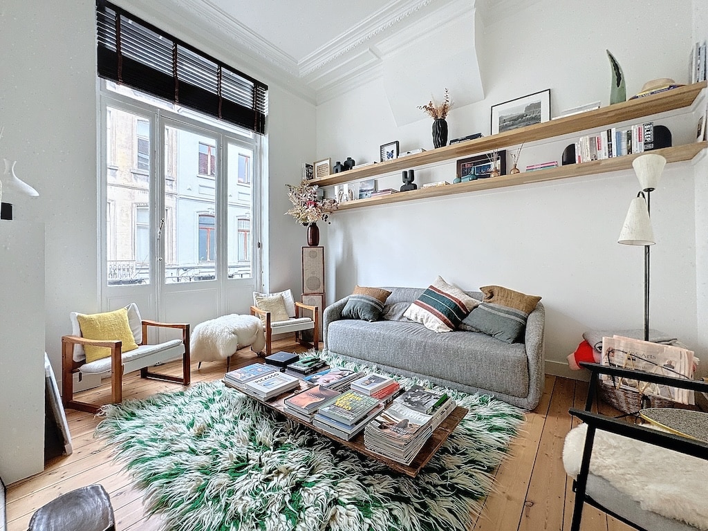 Salon moderne et chaleureux avec canapé gris, tapis coloré, étagère décorative et plantes d’intérieur.