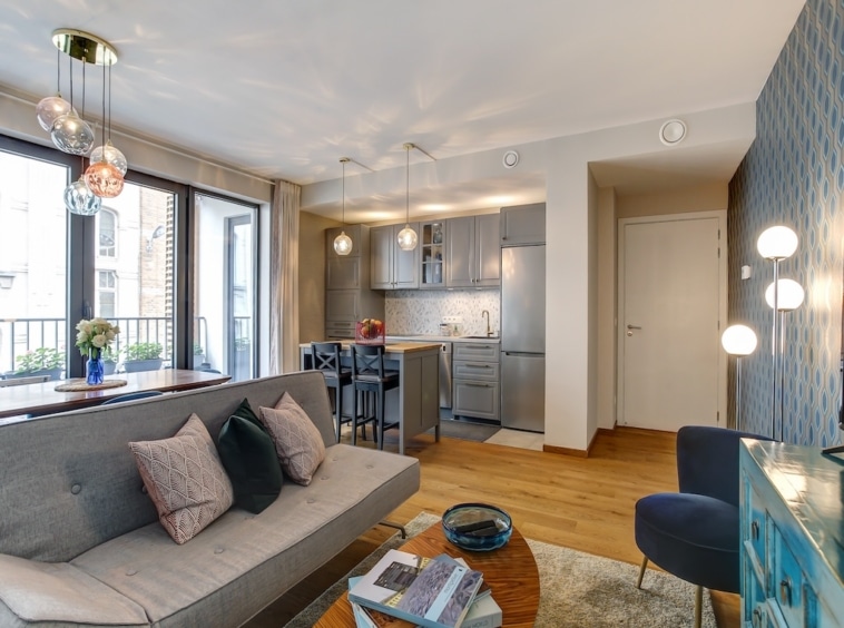 Salon contemporain lumineux avec canapé gris, cuisine intégrée, déco moderne et ambiance chaleureuse.
