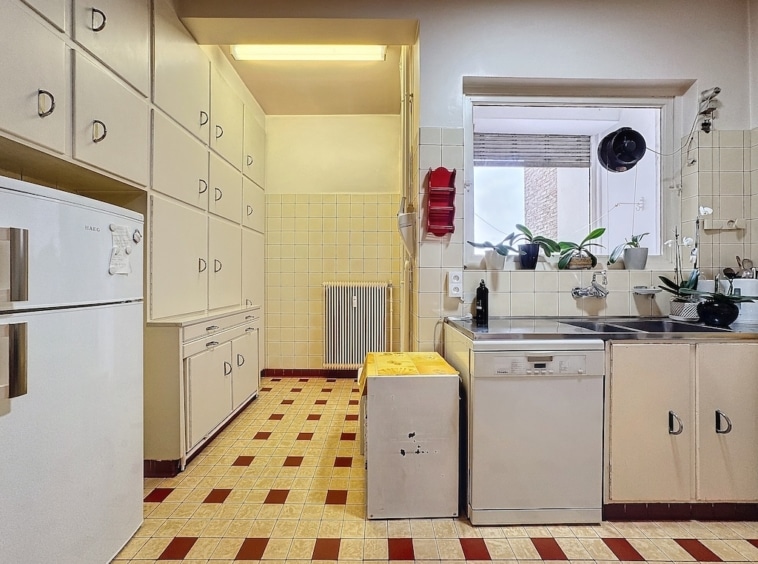 Cuisine minimaliste lumineuse avec réfrigérateurs, évier près de fenêtre, plantes vertes, sol coloré.
