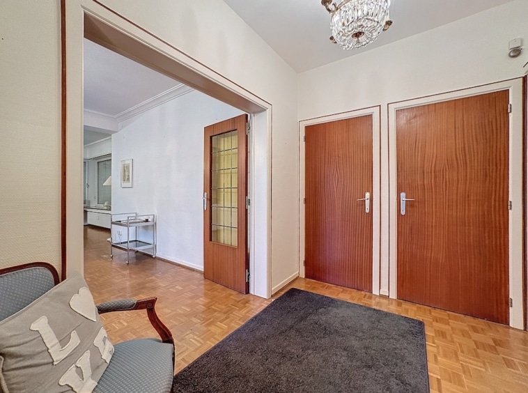 Entrée lumineuse avec parquet, mobilier élégant, portes en bois et ambiance chaleureuse.