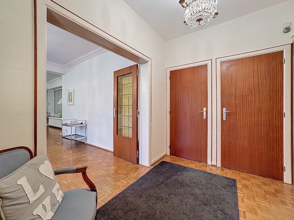 Entrée lumineuse avec parquet, mobilier élégant, portes en bois et ambiance chaleureuse.