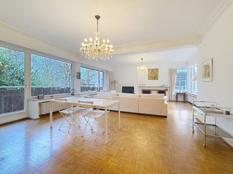 Salon lumineux moderne avec parquet, cheminée, mobilier minimaliste et décoration élégante.