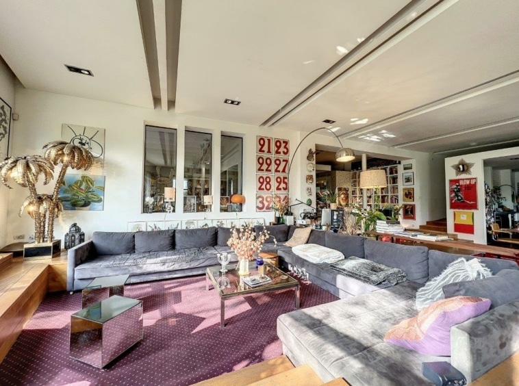 Salon moderne avec canapé gris, art numérique, déco éclectique et lumière naturelle abondante.