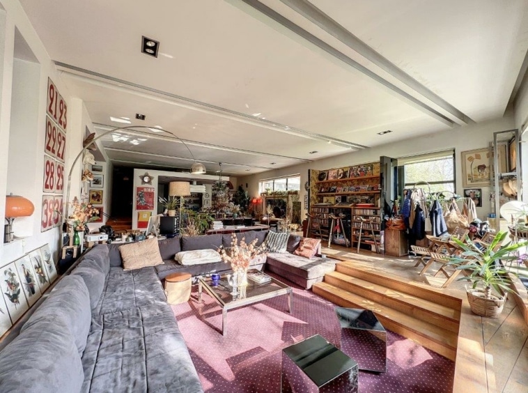 Salon moderne éclectique avec canapé gris, meubles en bois, œuvres colorées, ambiance chaleureuse.