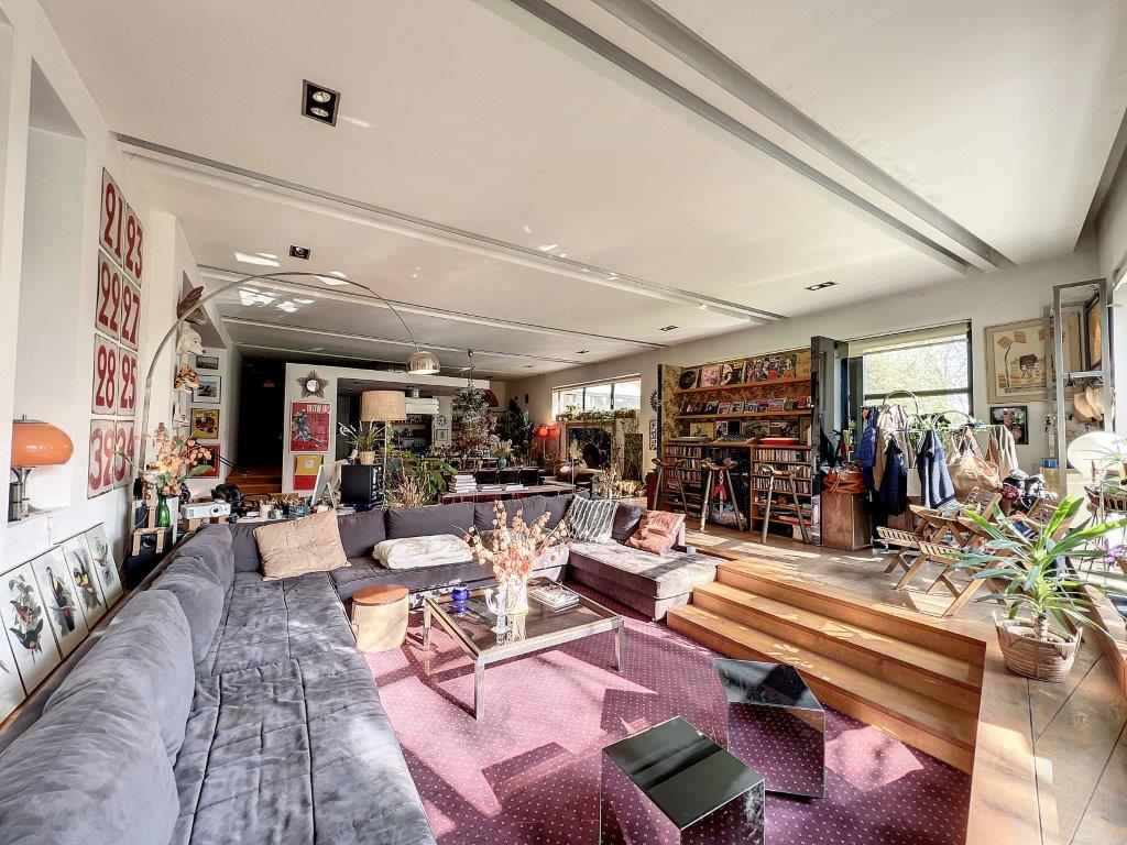 Salon moderne éclectique avec canapé gris, meubles en bois, œuvres colorées, ambiance chaleureuse.