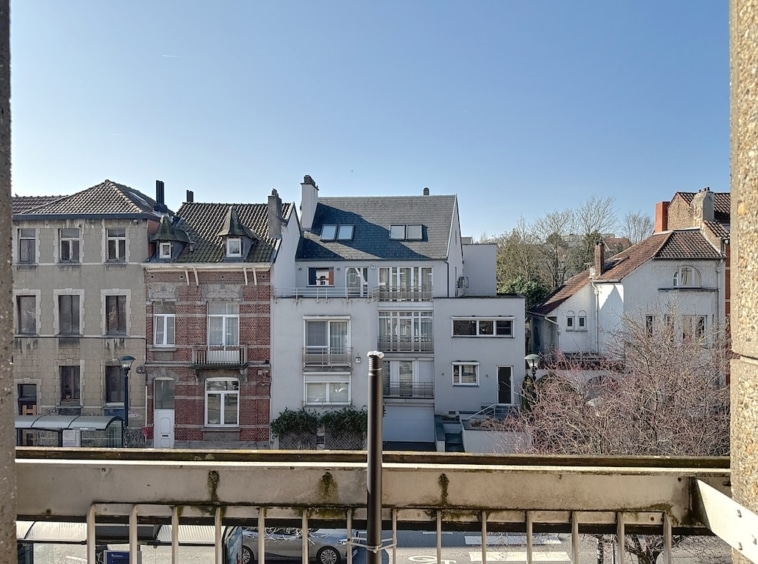 Balcon sur un quartier mixte historique et moderne, avec jardins, arbres et ciel ensoleillé.
