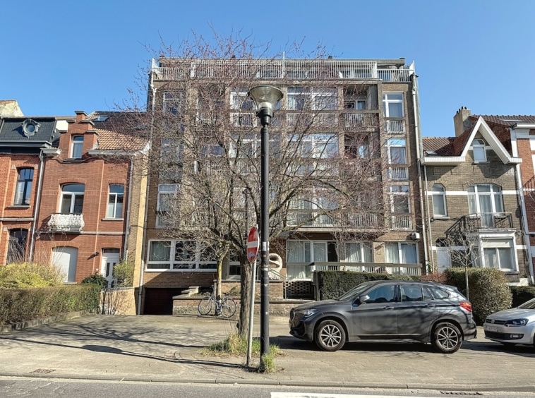 Quartier urbain mêlant architecture moderne en verre et bâtiments traditionnels, avec arbre en bourgeons et voitures.