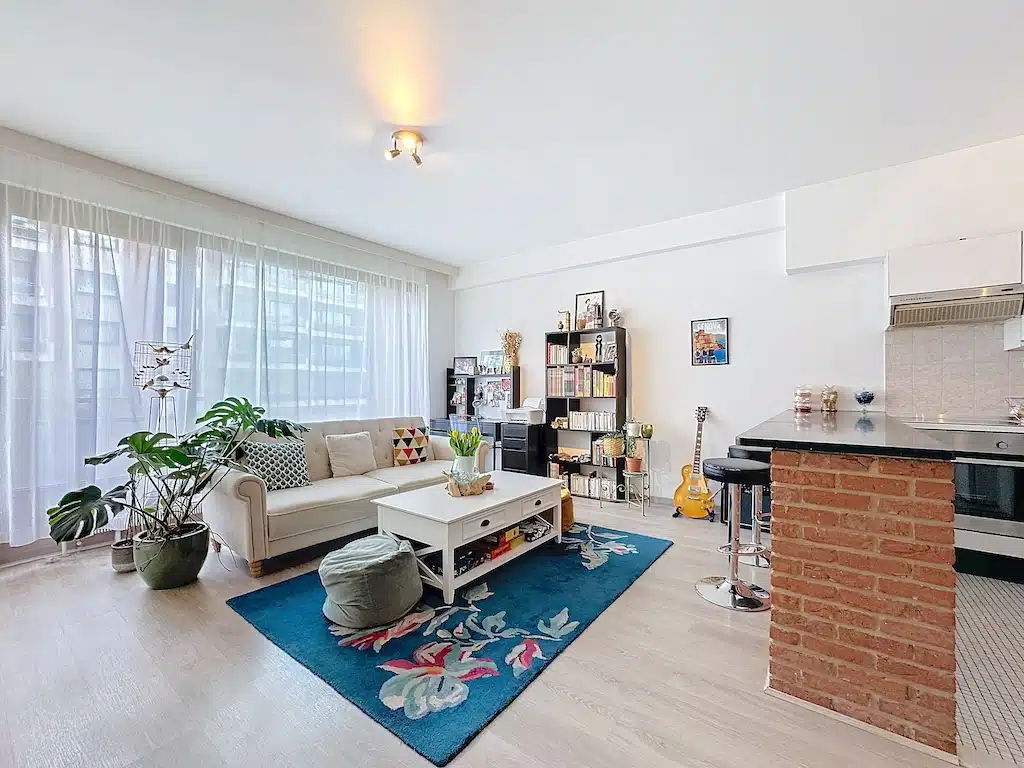 Salon Confortable et Moderne avec Cuisine Ouverte Cuisine - PEB : C : Appartement 1ch avec parking inclus – Uccle
