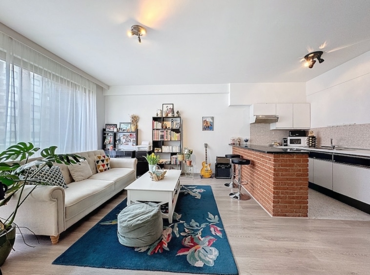 Salon lumineux moderne avec canapé blanc, tapis coloré et cuisine en briques rustique.
