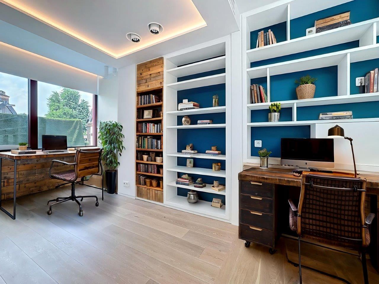 Espace de travail moderne lumineux avec bibliothèque bleue, plantes vertes, et mobilier élégant.