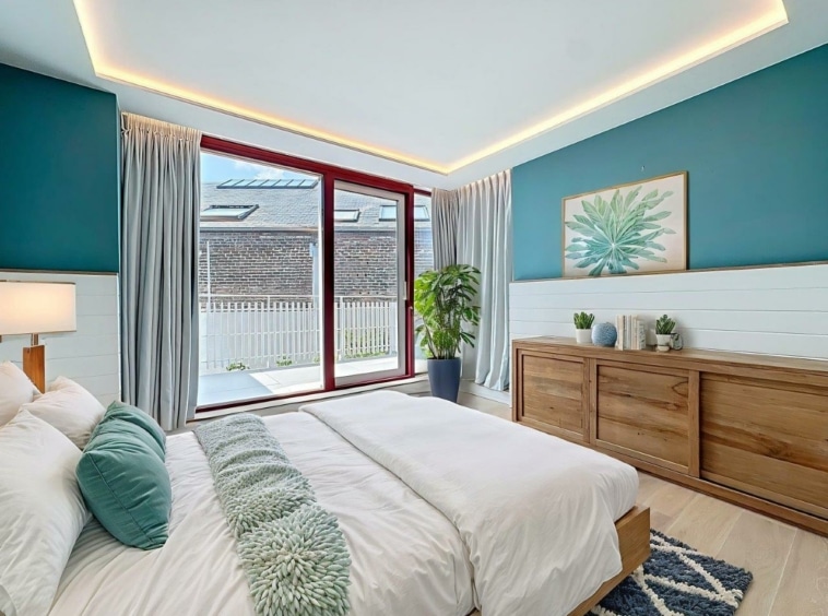 Chambre moderne en teal avec vue sur la nature, mobilier épuré et décor végétal.