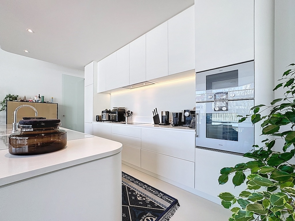 Cuisine moderne et minimaliste avec électroménagers noirs, éclairage chaleureux et touche de verdure.