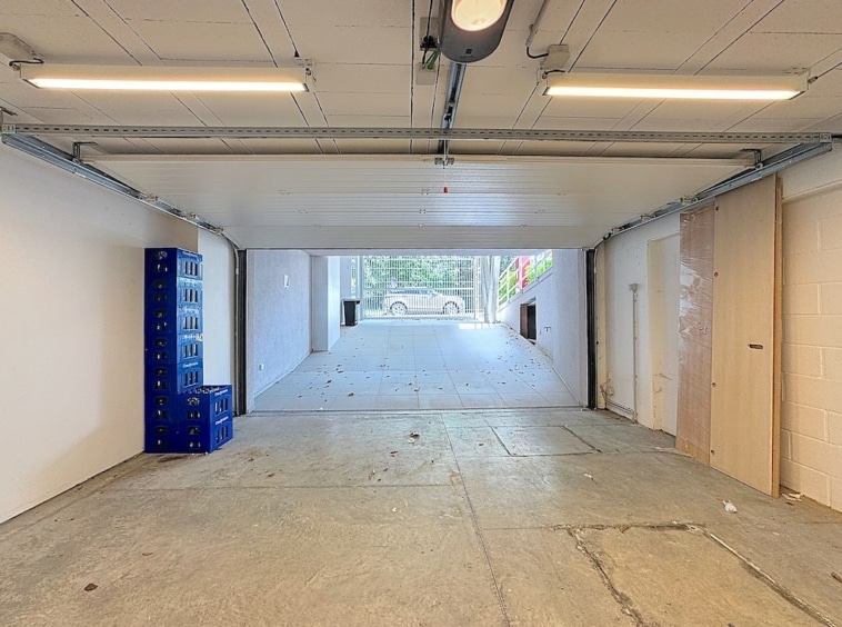 Garage industriel lumineux avec stockage organisé, vue extérieure naturelle et porte en bois.