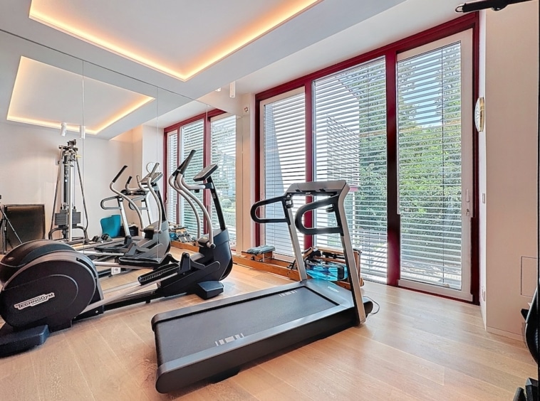Salle de sport moderne lumineuse avec vue sur la nature, équipement high-tech et ambiance chaleureuse.