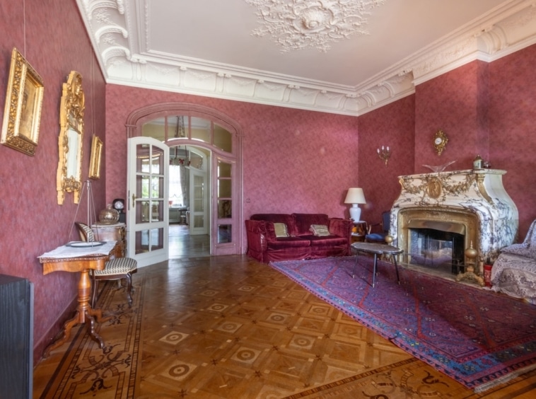 Salon sophistiqué avec cheminée, mobilier en velours et décoration classique, lumineux et accueillant.