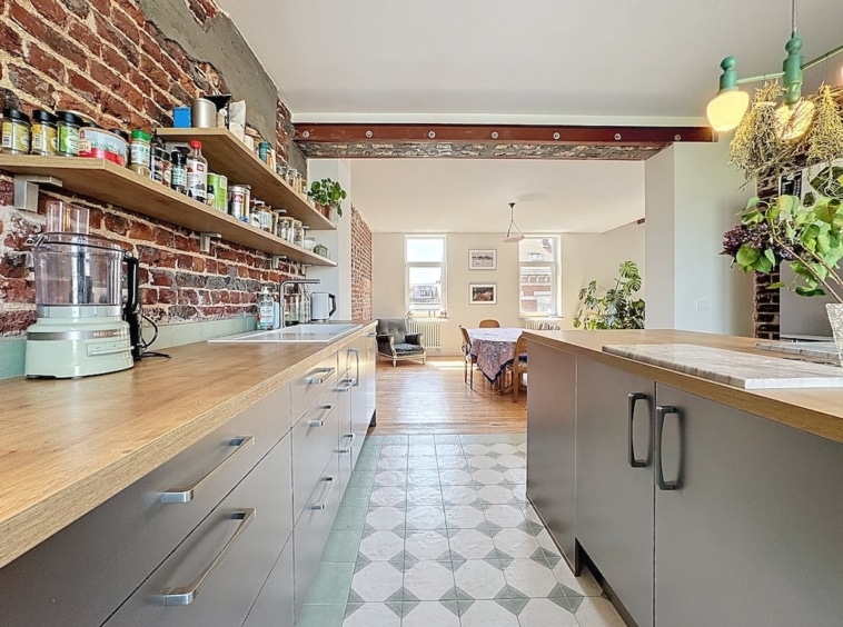 Cuisine ouverte moderne avec briques rouges, plantes vertes et sols à motifs géométriques.