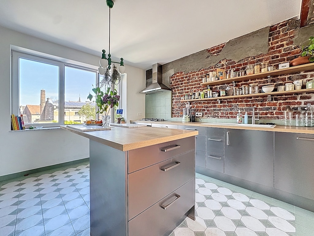 Cuisine moderne avec briques apparentes, îlot bois, électroménager inox et plantes suspendues