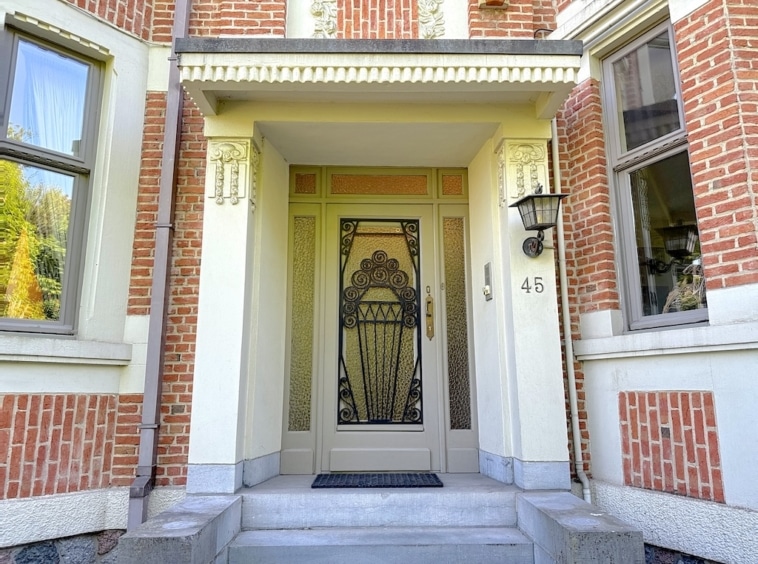Entrée élégante avec porte en verre, fenêtres lumineuses, colonnes décoratives et terrasse en pierre.