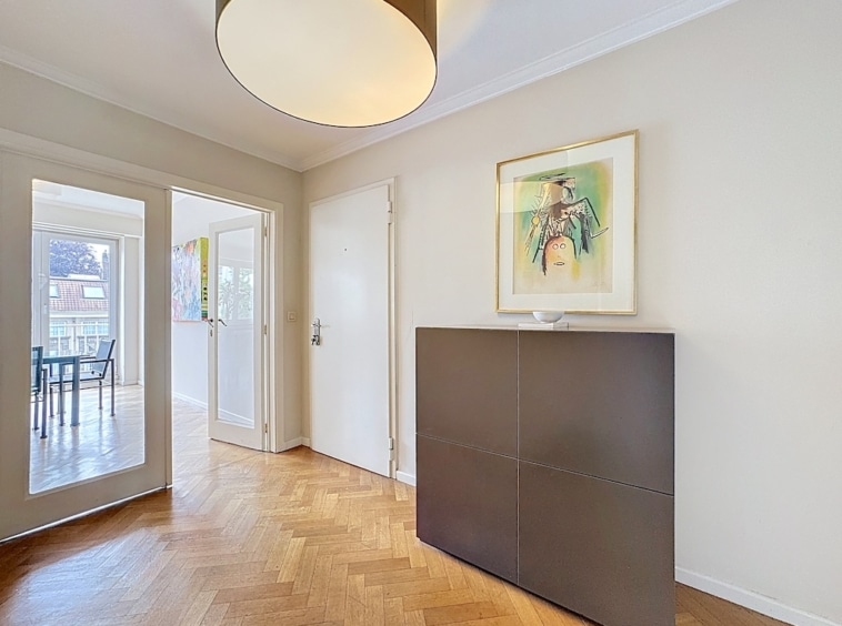 Entrée moderne avec parquet en chevrons, meuble sombre, art abstrait et portes vitrées lumineuses.