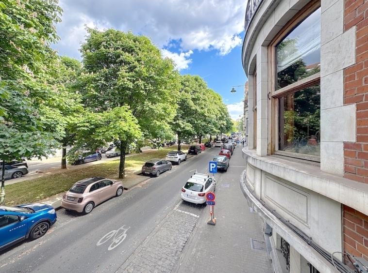Rue arborée avec voitures colorées, piste cyclable, bâtiment élégant et piéton observant.