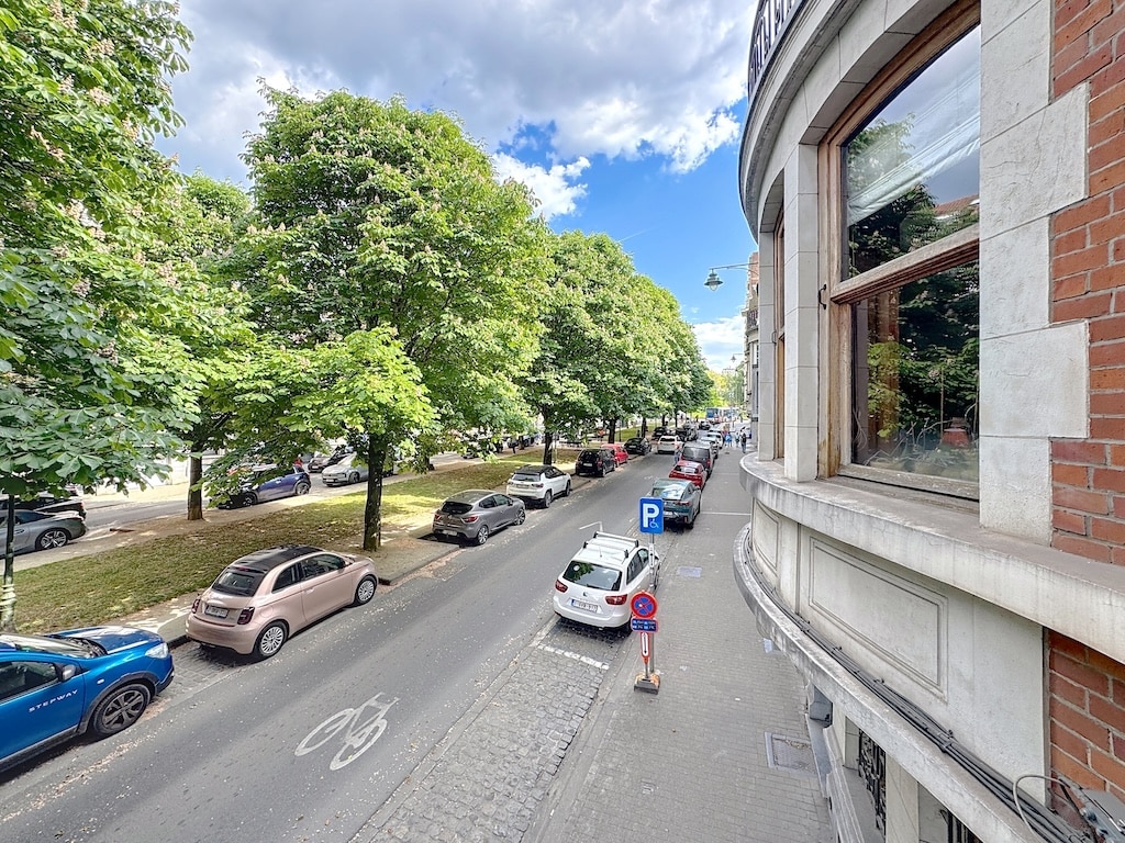 Rue arborée avec voitures colorées, piste cyclable, bâtiment élégant et piéton observant.