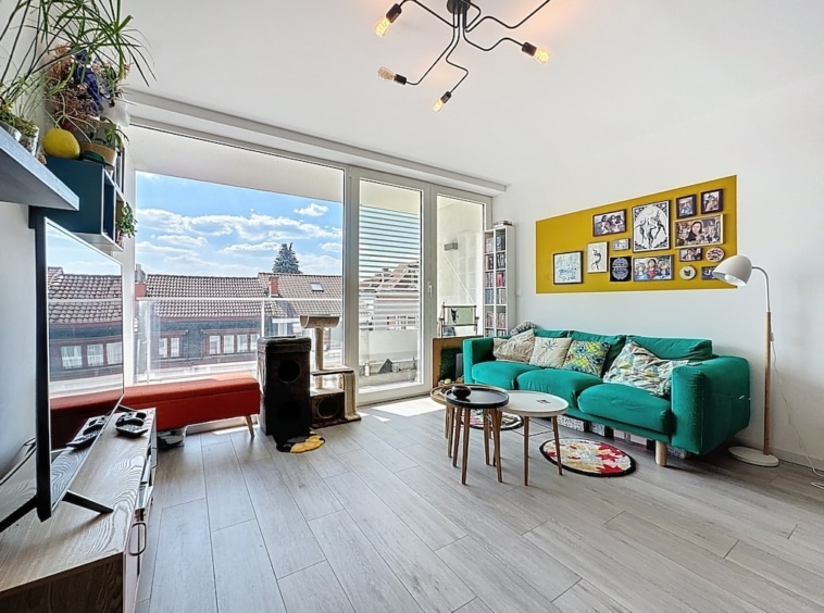 Salon moderne lumineux avec canapé turquoise, déco colorée, plantes, vue extérieure et ambiance chaleureuse.