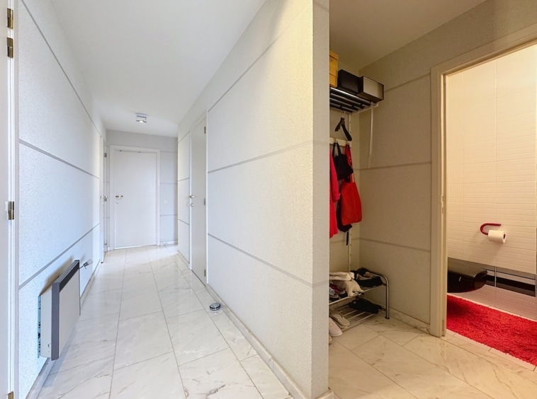 Couloir moderne, lumineux, minimaliste avec tapis rouge vif et rangements colorés.