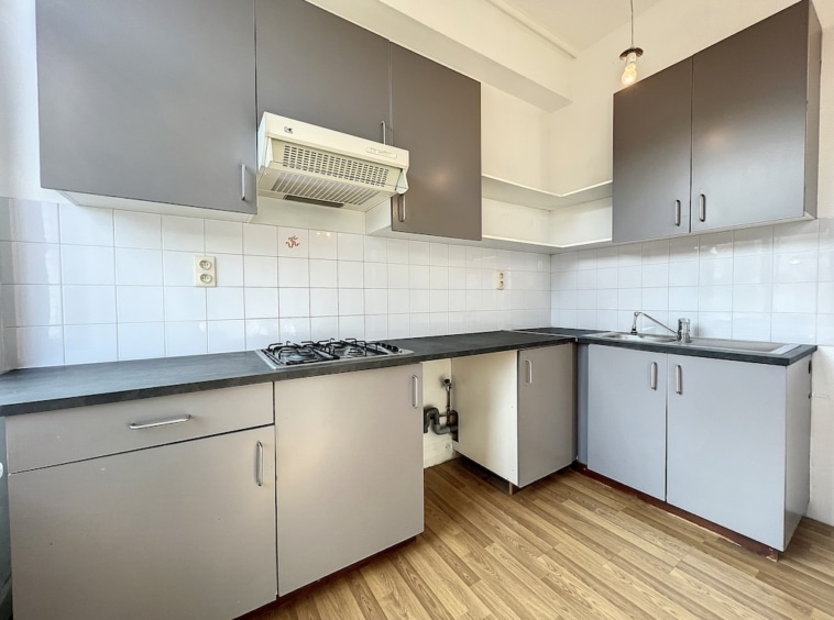 Cuisine moderne minimaliste avec meubles gris laqués, comptoirs sombres et sol en bois chaleureux.